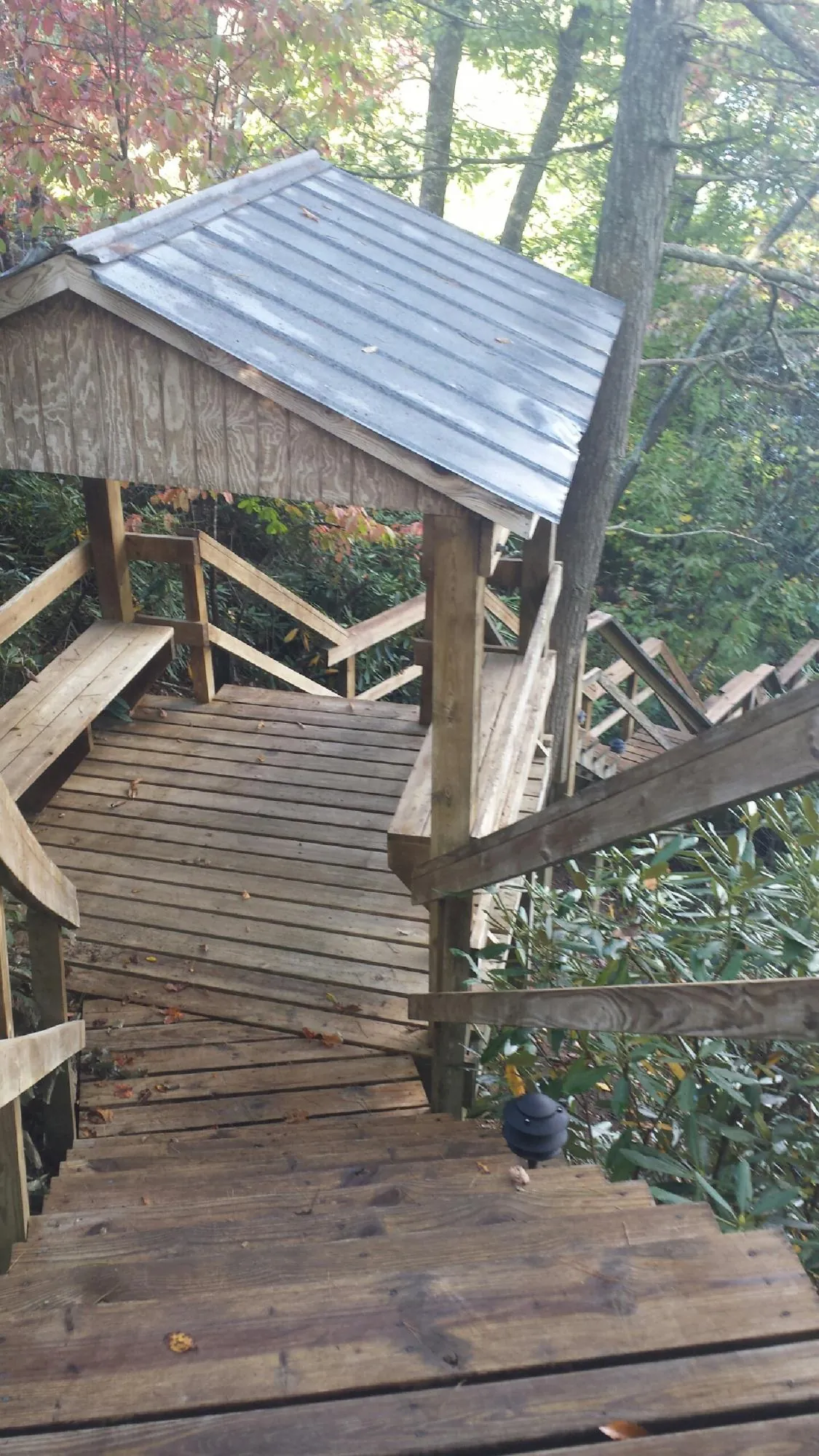 Metal roofed shelter over wooden steps on a wooded walkway — Skylight Repair & Installation work by our crew in Westfield Center